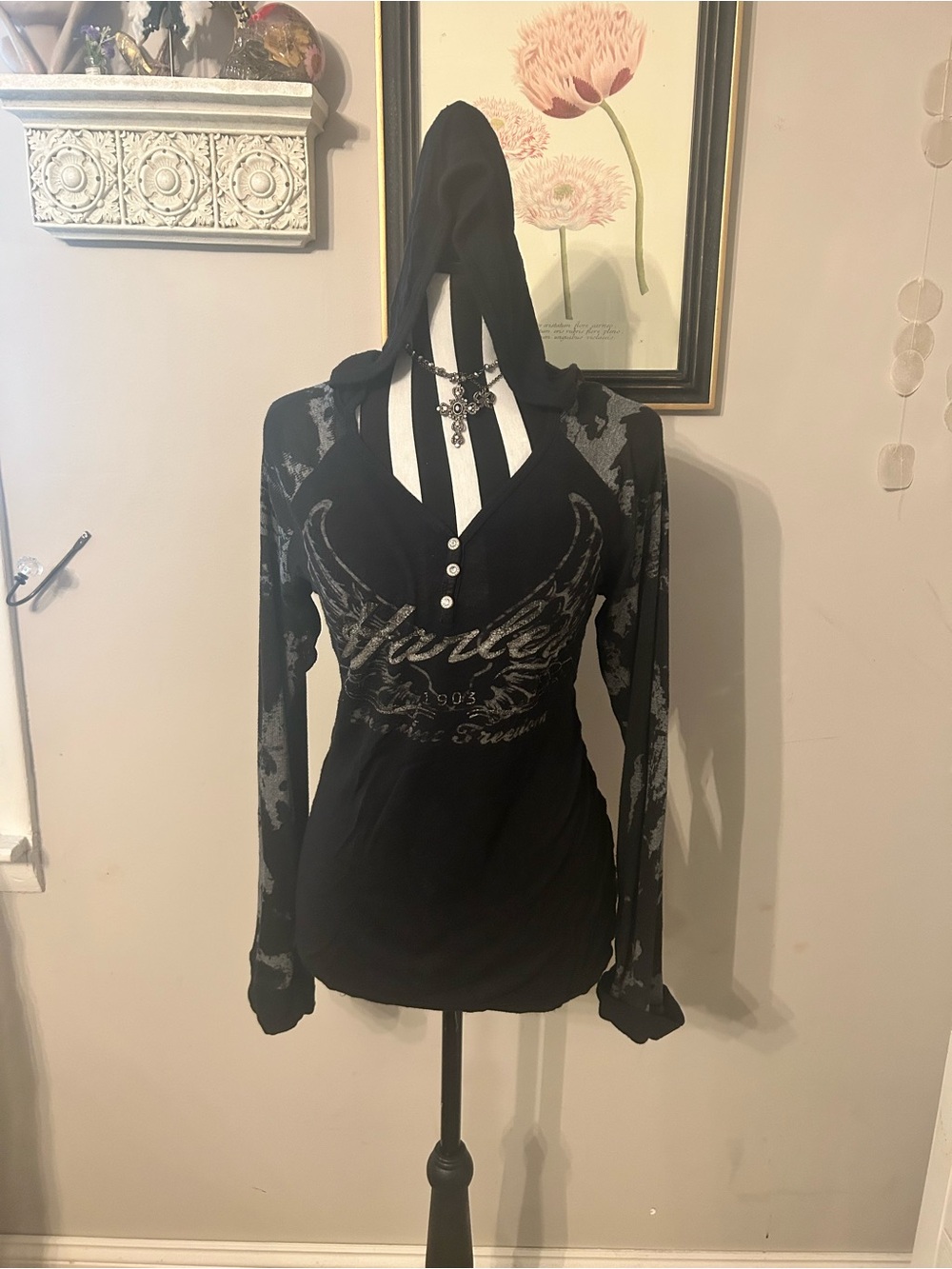 Y2K Harley Davidson Black Henley Hooded Long-Sleeve Top small/medium